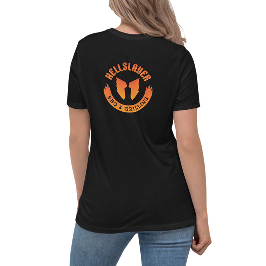 Hellslayer Women's Relaxed T-Shirt- Large Round Logo on back, Small Logo on Front